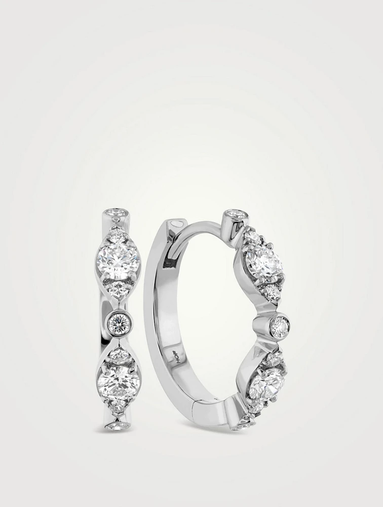 HOF 18K White Gold Bezel Regal Huggie Hoop Earrings With Diamonds