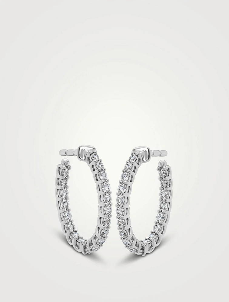Signature 18K White Gold Oval Hoop Earrings With Diamonds