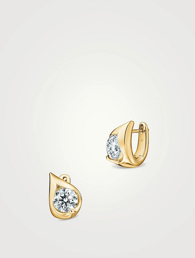 LU 18K Gold Droplet Huggie Hoop Earrings With Diamonds
