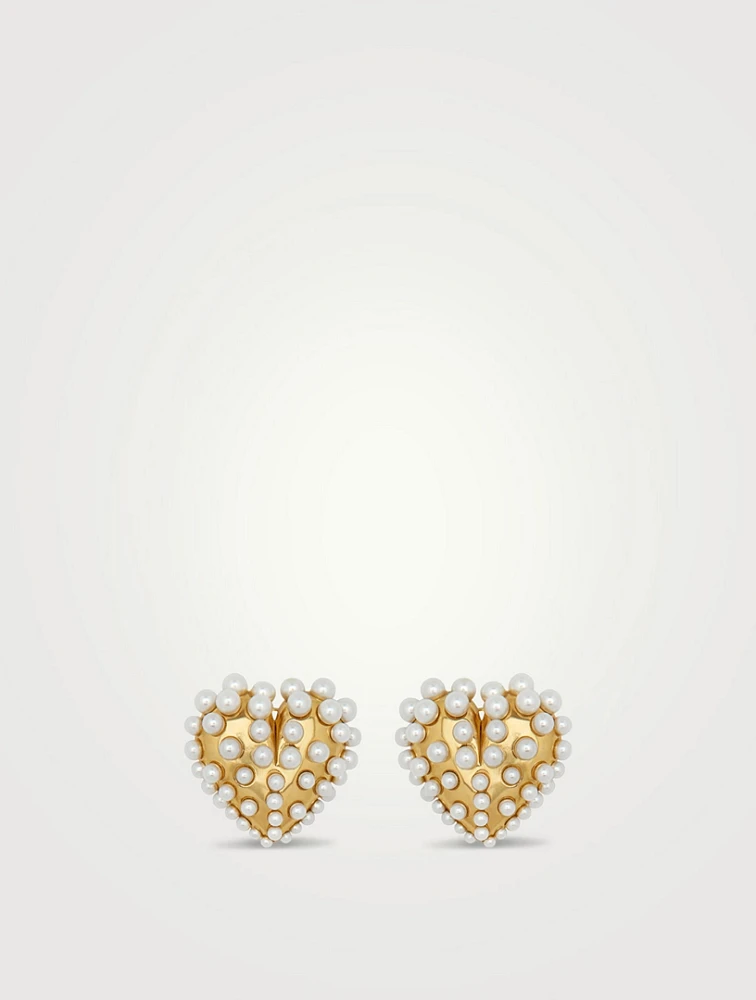 Faux Pearl Heart Stud Clip-On Earrings
