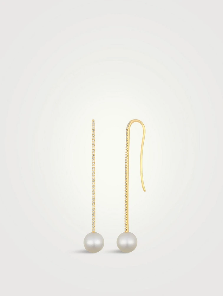 14K Gold Ball Pearl Drop Earrings With Diamonds
