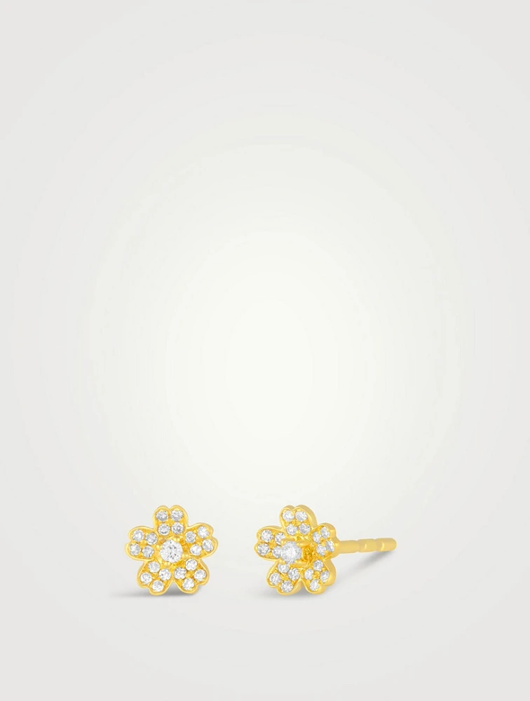14K Gold Cherry Blossom Earrings With Pavé Diamonds