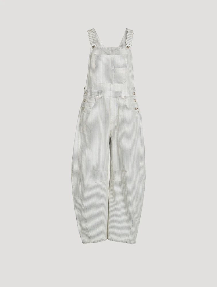 Good Luck Barrel-Leg Denim Overalls Stripe Print