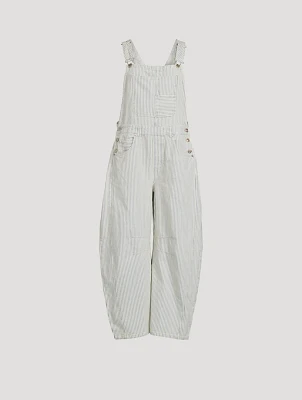 Good Luck Barrel-Leg Denim Overalls Stripe Print