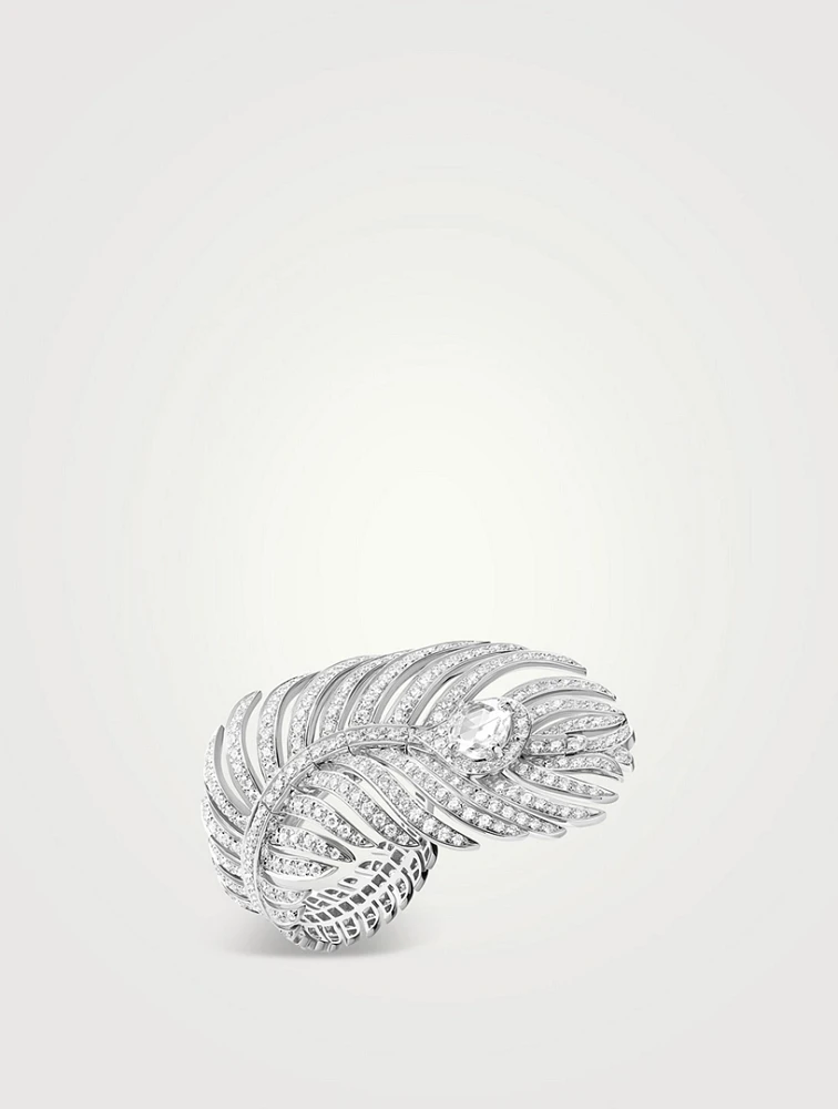 Large Plume De Paon White Gold Ring With Diamonds