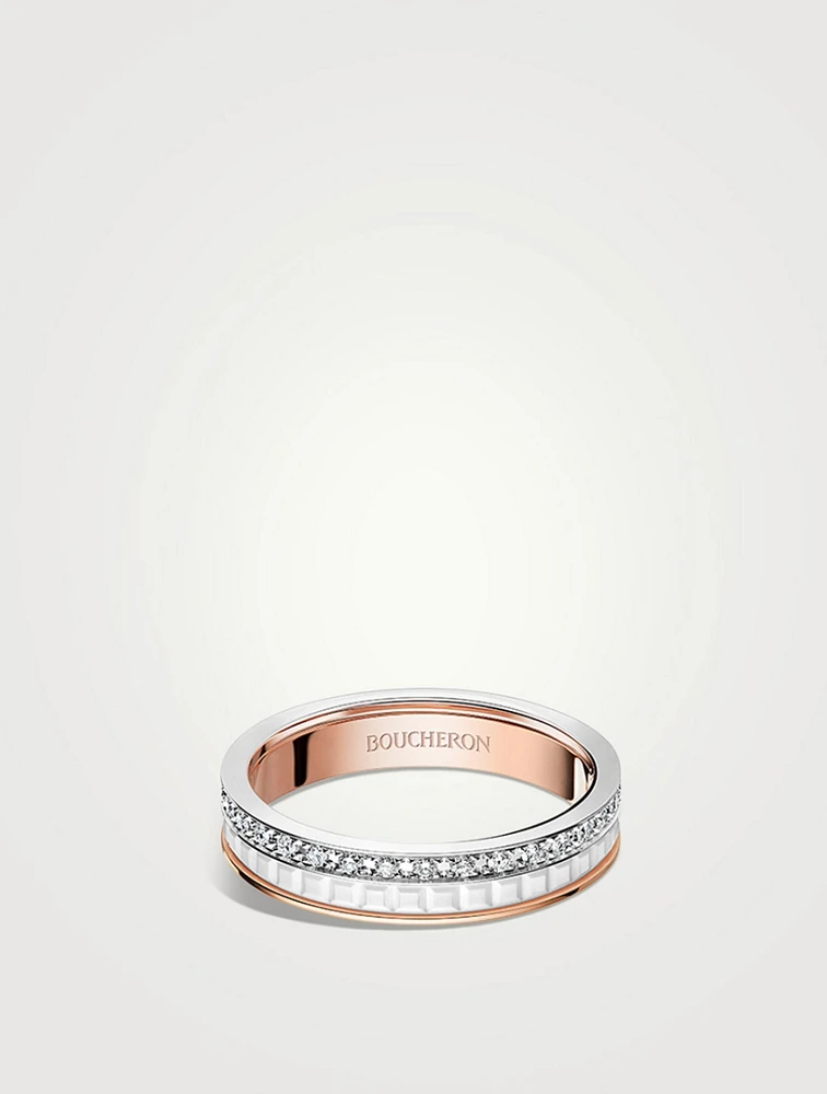 Quatre White Edition Gold Wedding Band With White Hyceram And Diamonds
