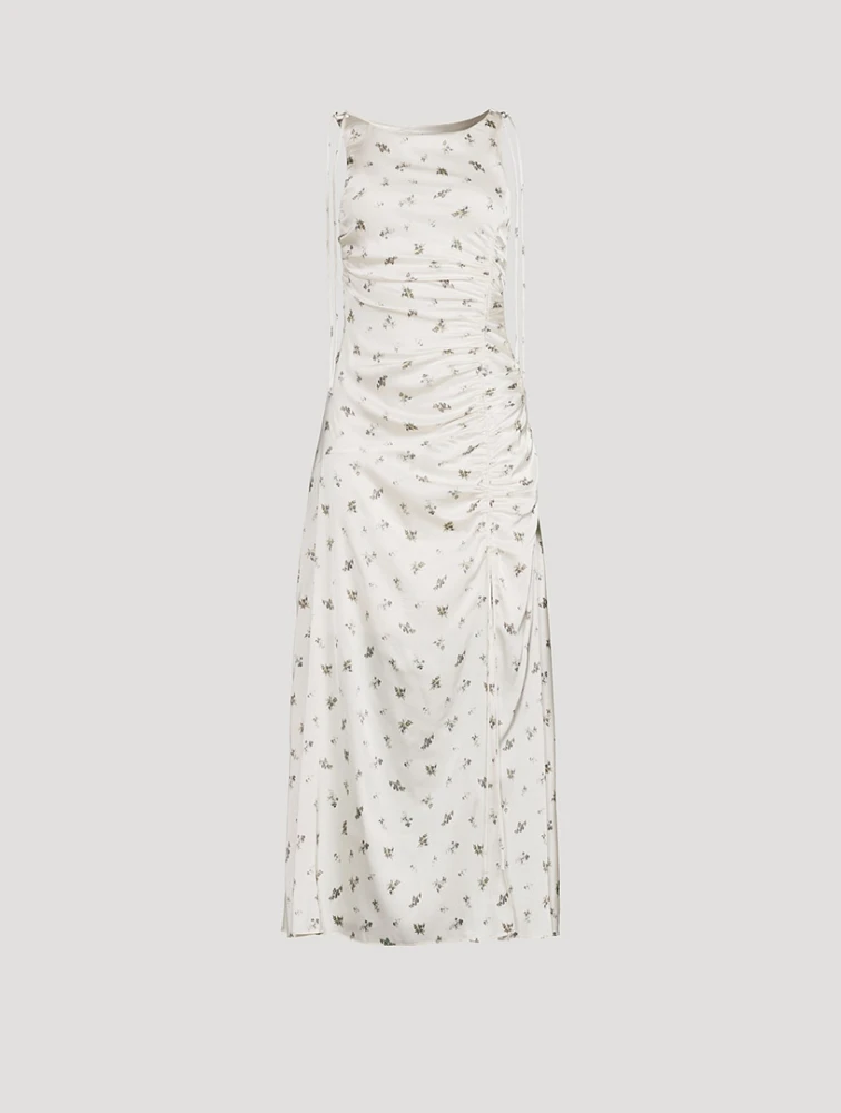 Gathered Satin Maxi Dress Floral Print