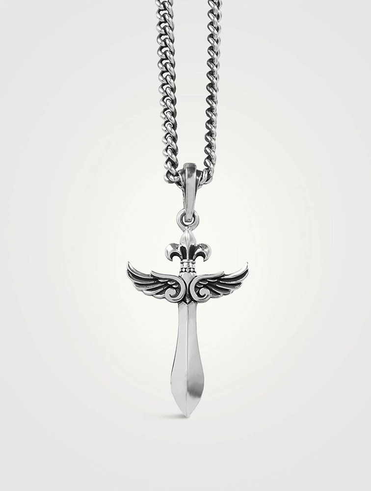Silver Dagger Winged Cross Pendant Necklace