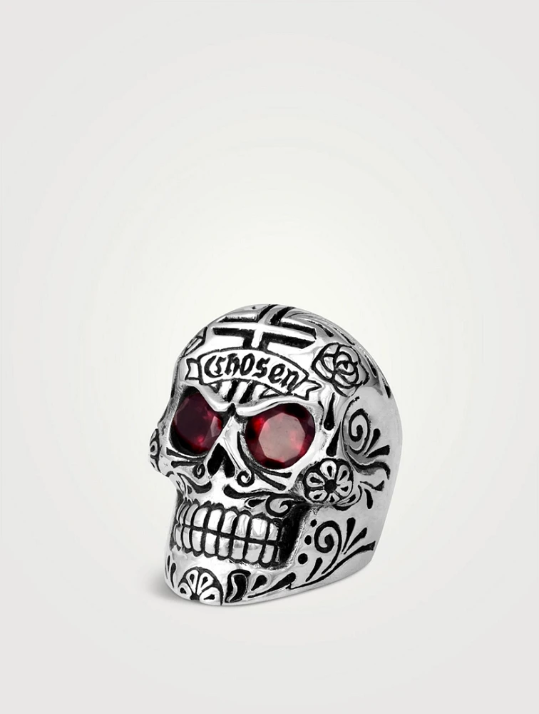 Large Silver Skull Ring With Garnet Eyes