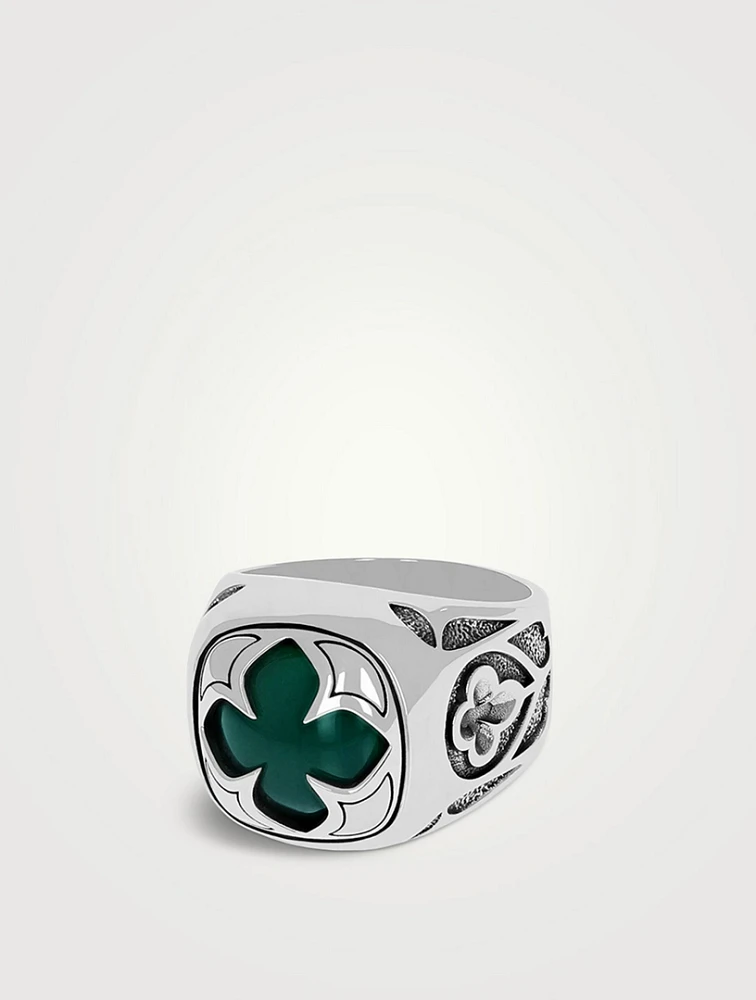 Silver Green Onyx Cutout MB Cross Stone Ring