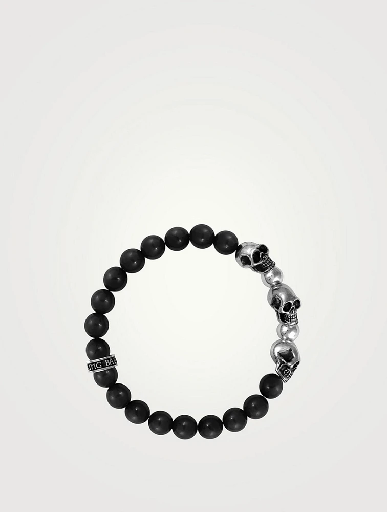 Onyx Beaded Bracelet With Silver Skull