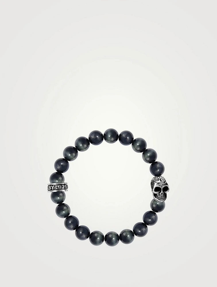 Blue Tiger Eye Beaded Bracelet With Silver Day Of The Dead Skull