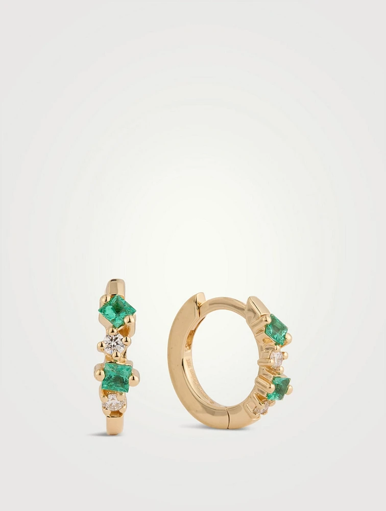 18K Gold Princess Emerald Mix Huggie Hoop Earrings With Diamonds