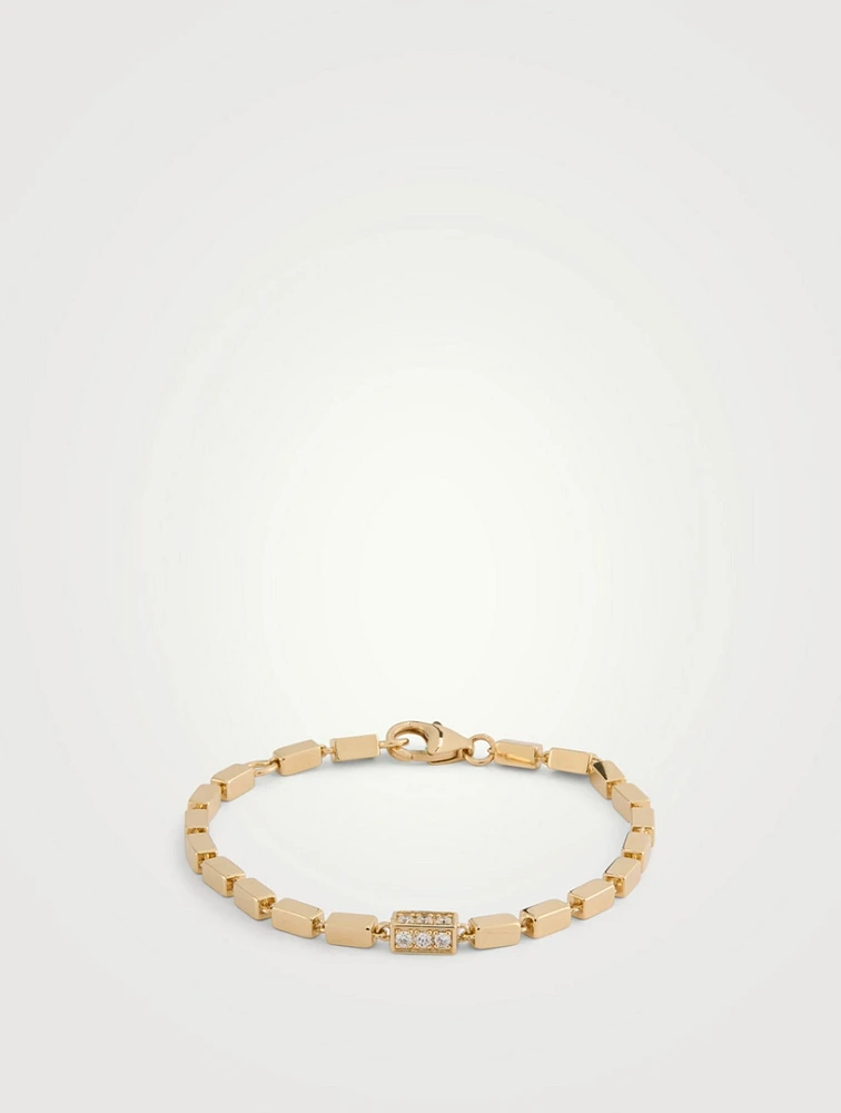 Thick 18K Gold Block-Chain Single Pavé Diamond Bracelet