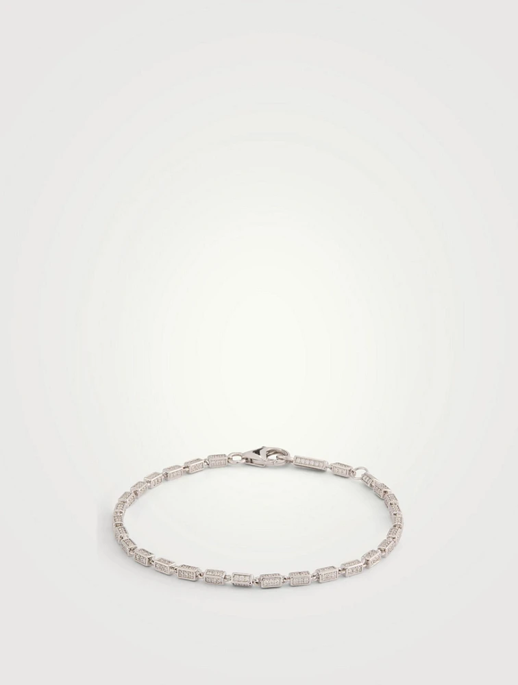 Thin 18K White Gold Block-Chain Full Pavé Diamond Bracelet