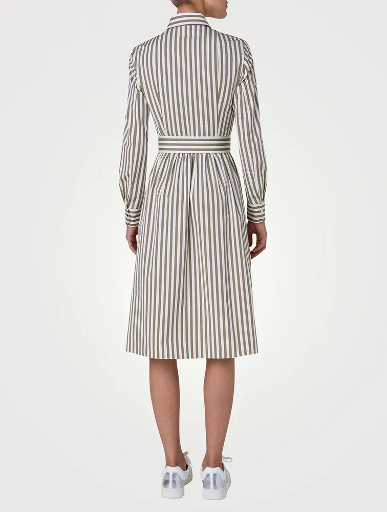 Belted Poplin Midi Dress Stripe Print