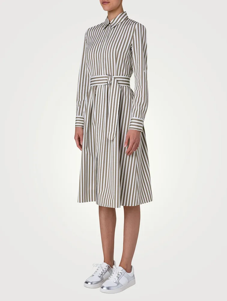 Belted Poplin Midi Dress Stripe Print