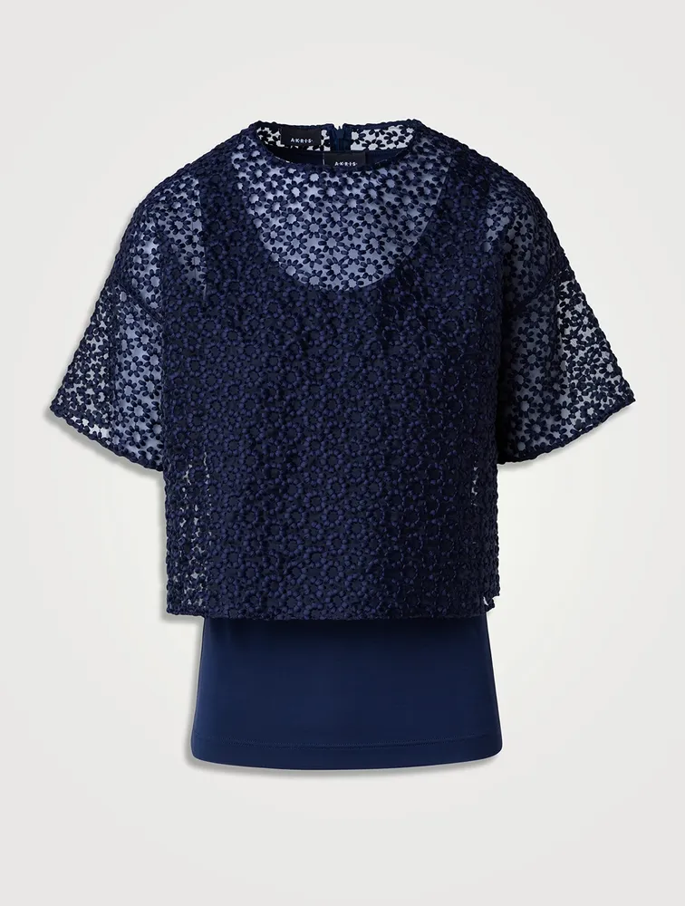 Floral-Embroidered Organza T-Shirt