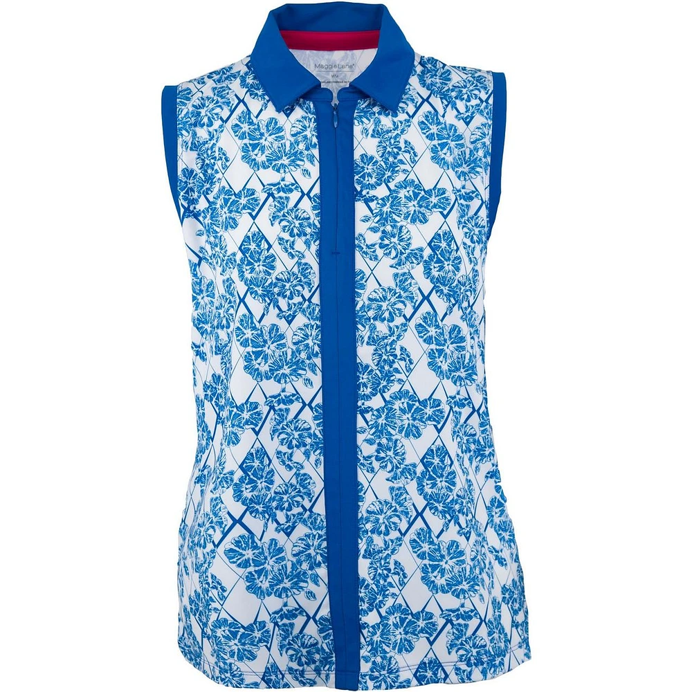 Womens Sleeveless Floral Print Centre Placket Polo