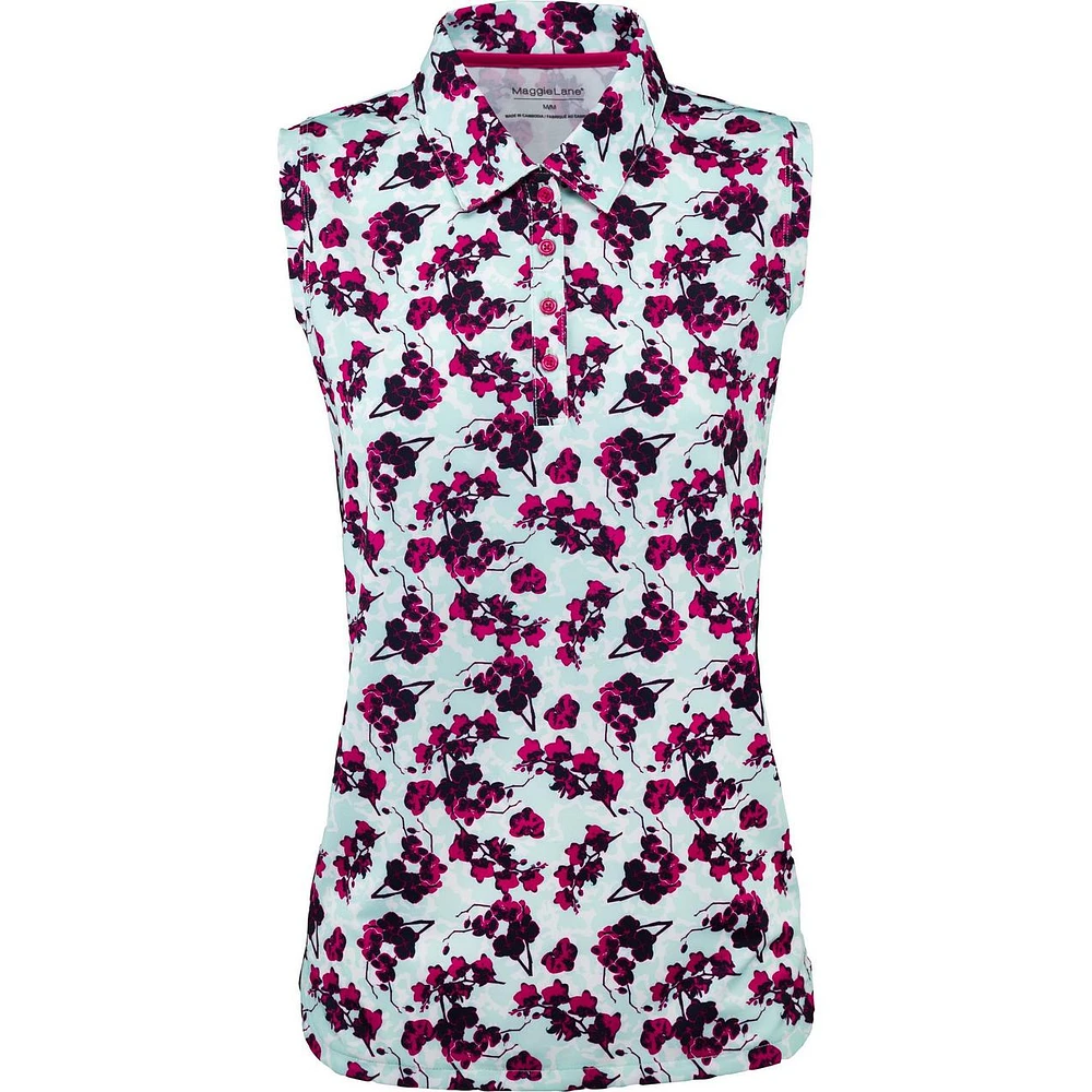 Women's Printed Blossom Curved Hem Sleeveless Polo