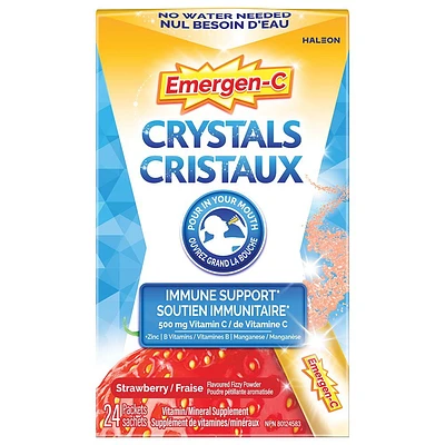 Emergen-C Crystals On-The-Go Supplément de soutien immunitaire avec vitamine C, zinc, vitamines B et manganèse, saveur fraise, 24 sachets Saveur fraise, 24 sachets