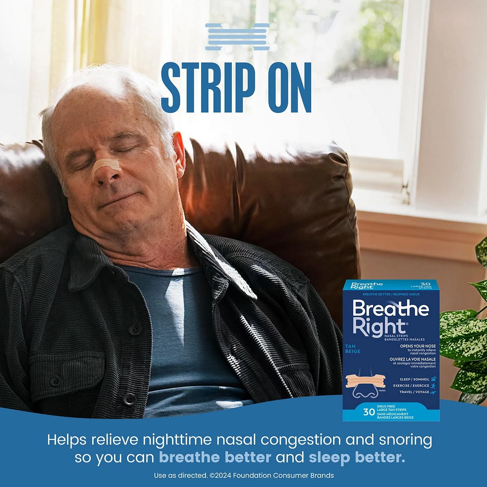 Breathe Right grandes bandelettes nasales Beige | Soulage instantanément la congestion nasale | Sans Médicament 30 Grandes Bandelettes Beiges