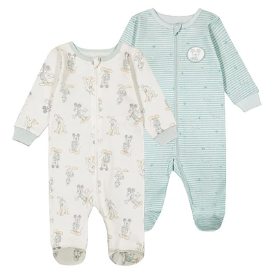 Disney Mickey Mouse ensemble 2mcx de dormeuses avec pieds en coton biologique pour garçons TAILLE: 0M - 6/12M