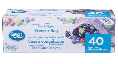 Great Value Medium Double Zipper Freezer Bags, 40 Bags, 40 Bags, 178 mm x 195 mm