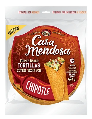 Triple Baked Chipotle Tortillas, Casa Mendosa tortillas with a hint of Chipotle.