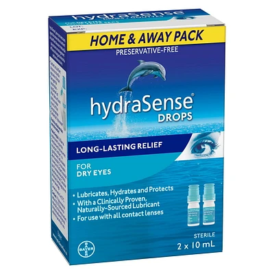 hydraSense Eye Drops, for Dry Eyes, Fast and Long-Lasting Relief, Preservative Free, Naturally Sourced Lubricant, Home and Away Twin pack, 2 x 10mL