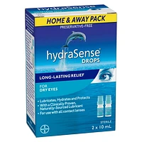hydraSense Eye Drops, for Dry Eyes, Fast and Long-Lasting Relief, Preservative Free, Naturally Sourced Lubricant, Home and Away Twin pack, 2 x 10mL