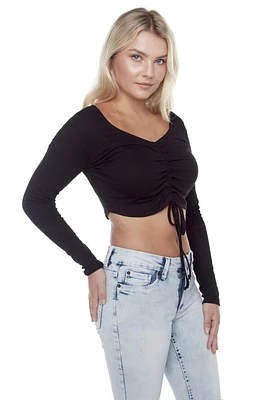 Jeaniologie ™  Women Ribbed Long Sleeved Cropped Front Ruched Top - Black