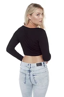 Jeaniologie ™  Women Ribbed Long Sleeved Cropped Front Ruched Top - Black