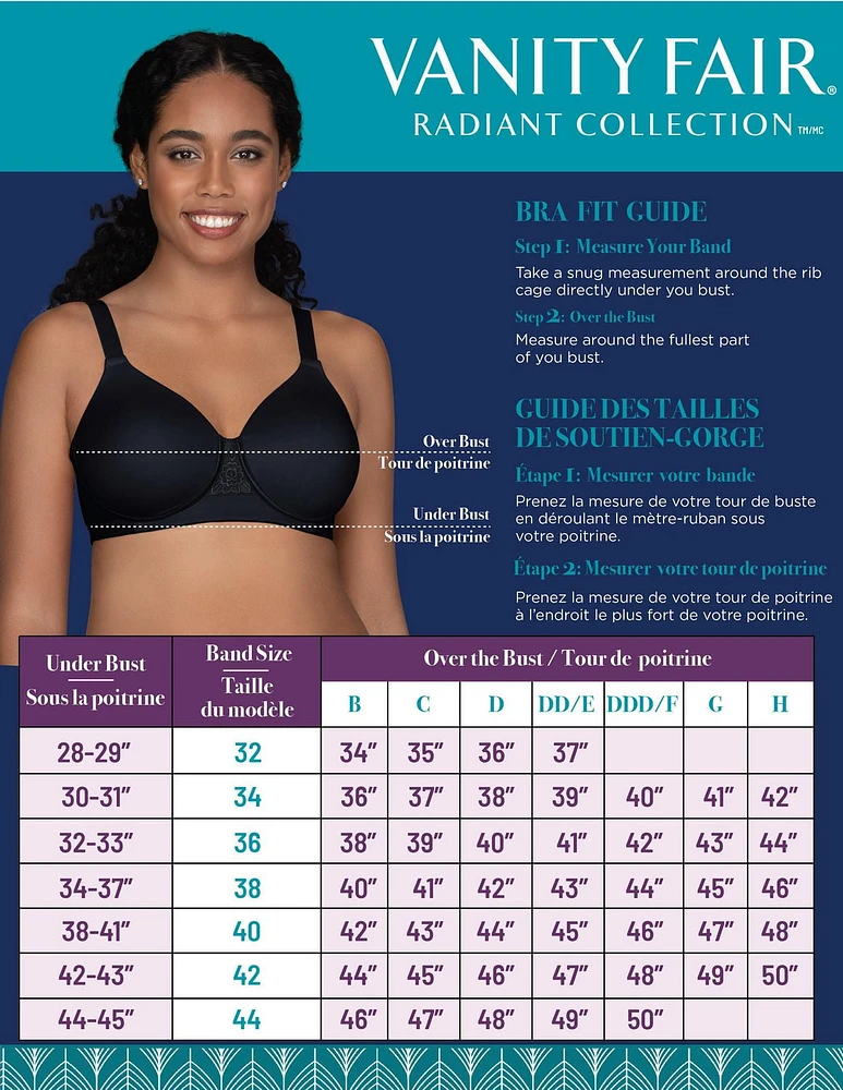 Vanity Fair Radiant Collection Soutien-gorge à armatures lissant le dos pour femme, style 93476571 Tailles 38C – 44DD
