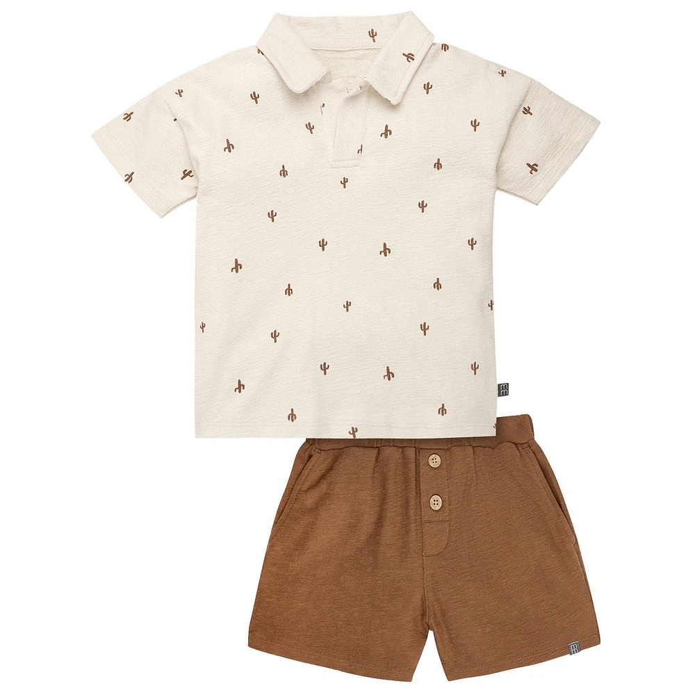 modern moments™ by Gerber® - 2pc Johnny Collar Shirt + Short Set Beige Cactus, Soft and stretchy slub structured jersey