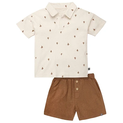 modern moments™ by Gerber® - 2pc Johnny Collar Shirt + Short Set Beige Cactus, Soft and stretchy slub structured jersey