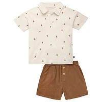 modern moments™ by Gerber® - 2pc Johnny Collar Shirt + Short Set Beige Cactus, Soft and stretchy slub structured jersey