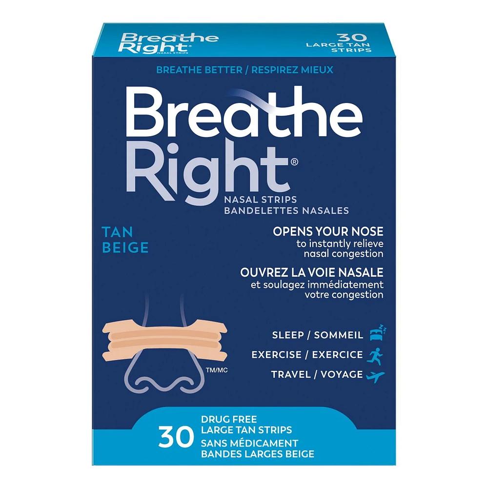 Breathe Right grandes bandelettes nasales Beige | Soulage instantanément la congestion nasale | Sans Médicament 30 Grandes Bandelettes Beiges