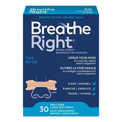 Breathe Right grandes bandelettes nasales Beige | Soulage instantanément la congestion nasale | Sans Médicament 30 Grandes Bandelettes Beiges