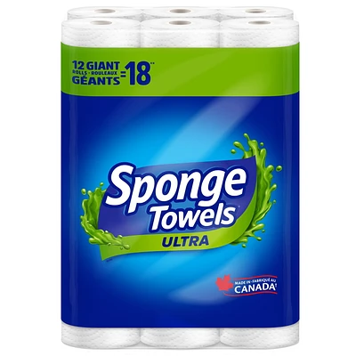 SpongeTowels Ultra Paper Towel, Choose-A-Size® Sheets, 12 Giant Rolls = 18 Regular Rolls