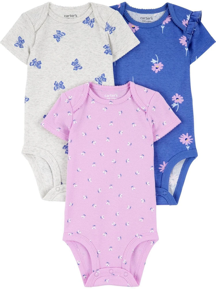 Carter's Child of Mine - Bodys pour bébé fille Fleur d'indigo, lot de 3 Prématuré-18 mois