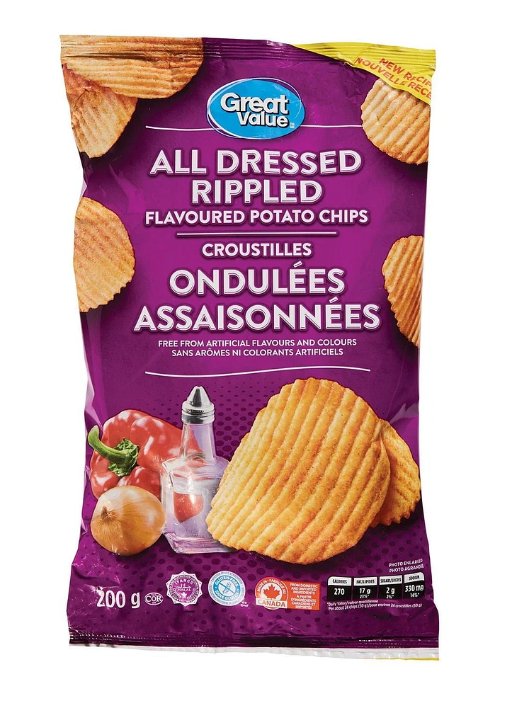 Great Value All Dressed Rippled Flavoured Potato Chips, 200 g