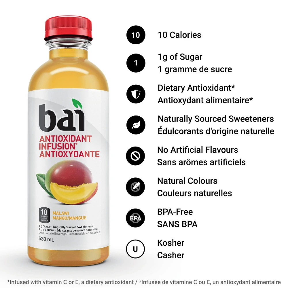 Bai Infusion antioxydante à faible teneur en calories, mangue du Malawi, 530 ml 530 ml