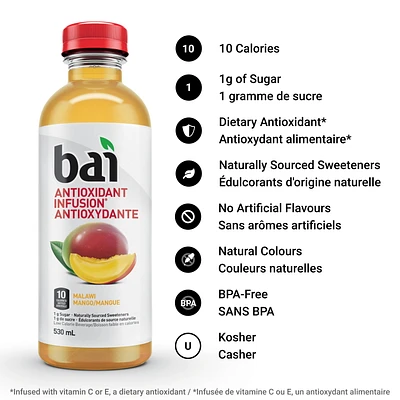 Bai Infusion antioxydante à faible teneur en calories, mangue du Malawi, 530 ml 530 ml