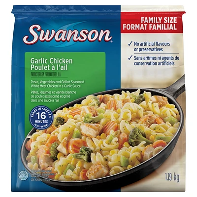 Poulet à l’ail Swanson : un repas surgelé familial avec des pâtes, des légumes et du poulet assaisonné et grillé dans une sauce à l’ail 1,19 kg