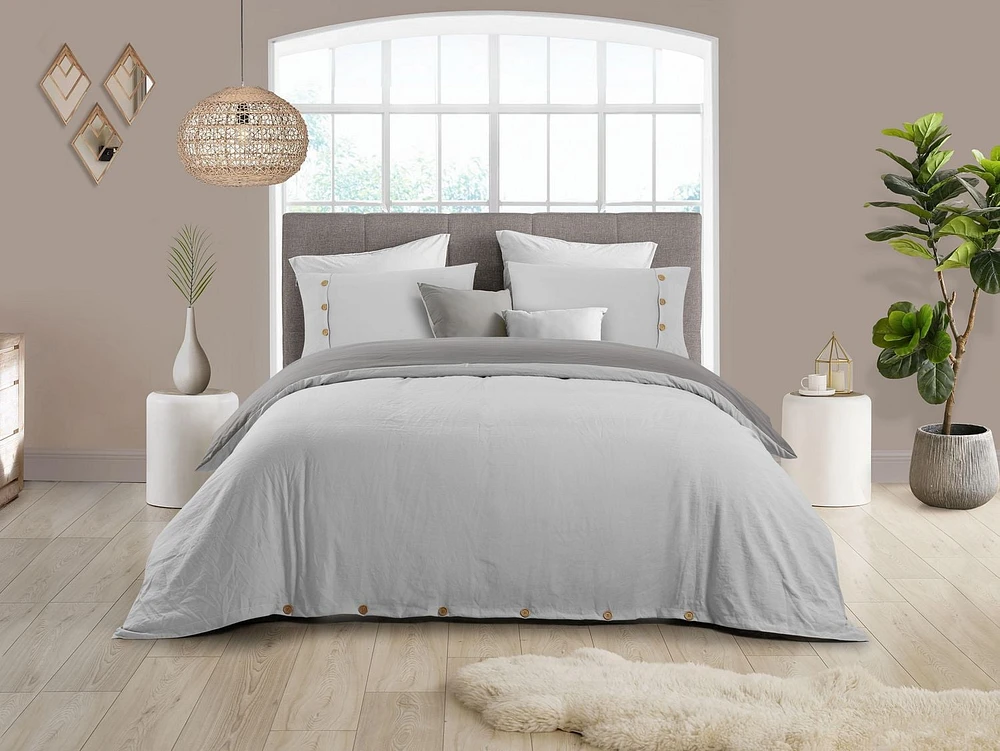 Ensemble de housse de couette réversible en tissu froissé naturel ultra doux - Fermeture à boutons élégante