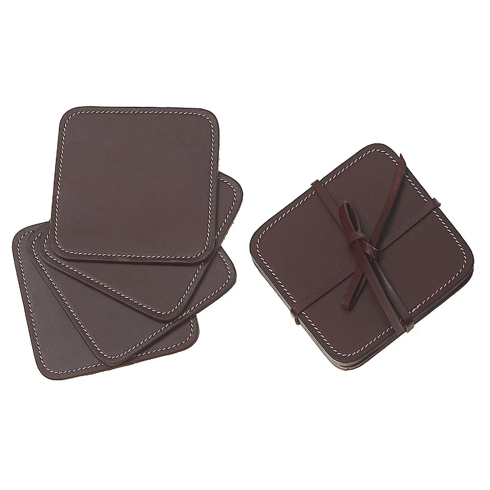 4PC Square Genuine Leather Coasters Cherry