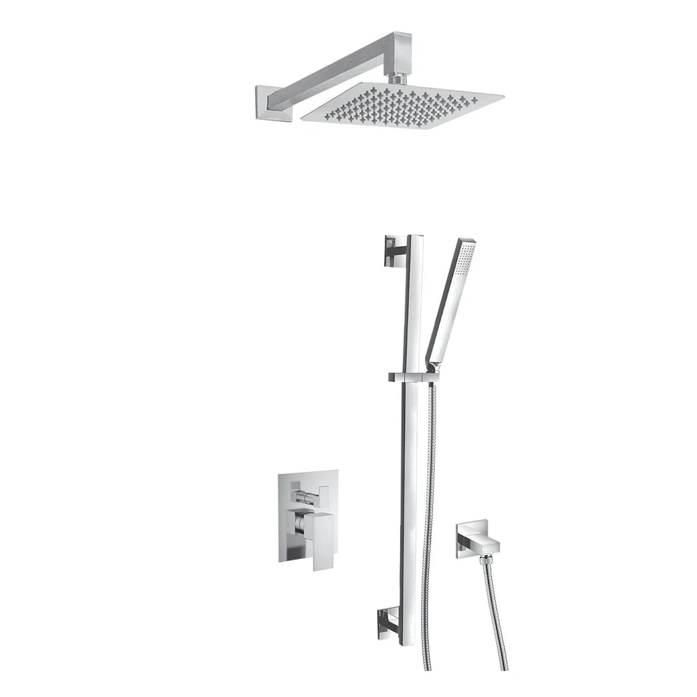 L'ensemble de robinet de couche akuaplus® IRENE avec cartouche à pression balancée et inverseur 2 voies plus 1, Un sytème de barre murale réglable avec douchette avec pommeau et raccord en laiton.