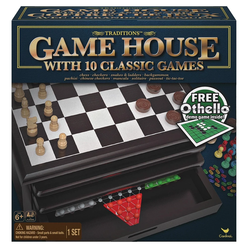 Traditions - Coffret de 10 jeux en bois classiques, dont le Mini Othello Jeux cardinaux