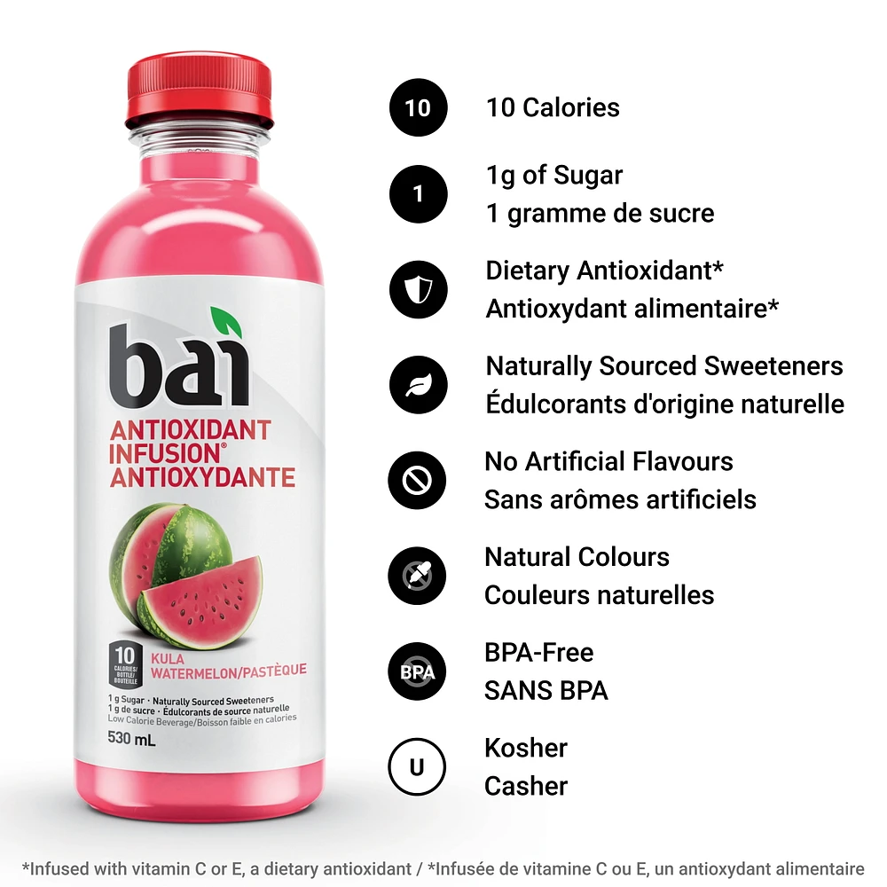 Bai Infusion antioxydante à faible teneur en calories, Kula Pastèque, 530 ml 530 ml